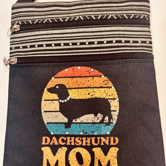 Handbags - Dachshund Mom Blinged out Crossbody Bag with Stripes